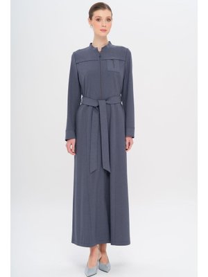 İndigo Hakim Yaka Fermuar Kapamalı Desen Detaylı Astarsız Pardesü