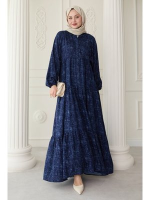 İnce Renkli Desenli Viskon Lacivert Elbise