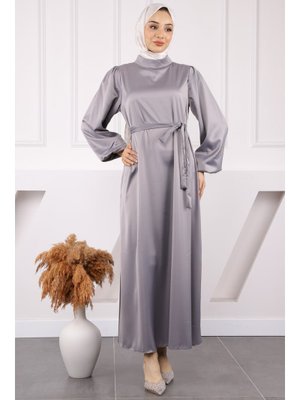 Gri Hakim Yaka Balon Kol Saten Abiye Elbise Gri Hakim Yaka Balon Kol Saten Abiye Elbise