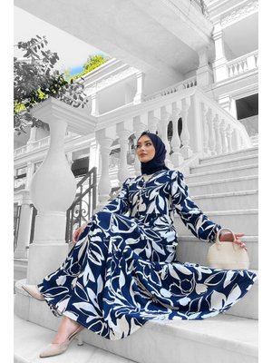 Lacivert Yonca Desenli Elbise