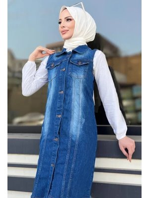 Mavi Nesa Püsküllü Kot Yelek