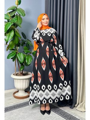 Turuncu Dubai Desenli Elbise