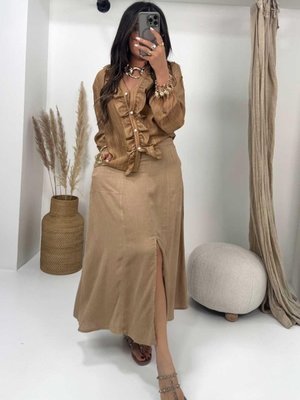Bej Pamuk Keten Yırtmaçlı Maxi Etek