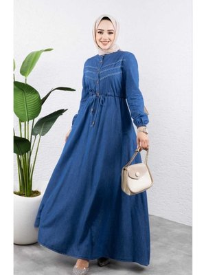 Belden Sıkmalı Cepli Kot Elbise