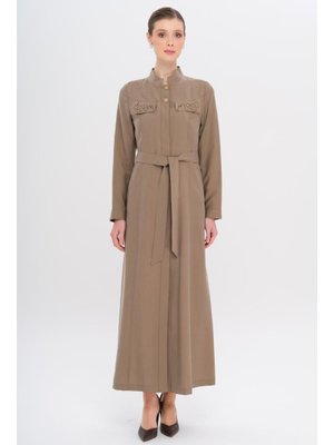 Hakim Yaka Boncuk Ve İşleme Detaylı Astarsız Modal Pardesü A.kahve