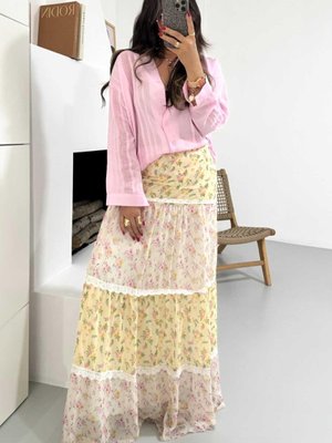 Renkli Çiçekli Dantel Brodeli Uzun Etek