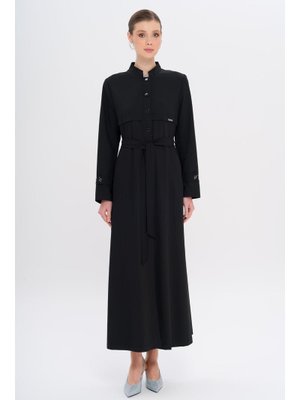 Siyah Hakim Yaka Zincir Aksesuarlı Astarlı Pardesü