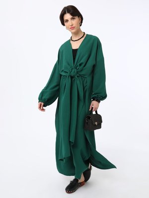 Zümrüt Yesili Yumuşak Tuşeli Bağlama Detaylı Kap Pantolon İkili Takım