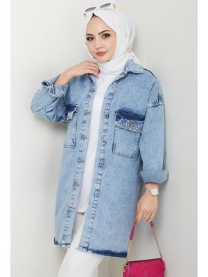 Buz Mavi Kuş Gözlü Kot Ceket