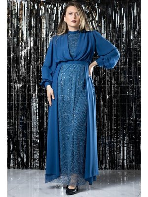 İndigo İşleme Detaylı Şifon Abiye Elbise