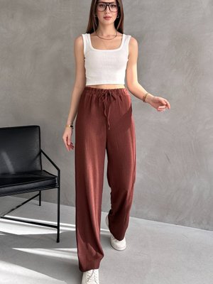 Kahverengi Bürümcük Yüksel Bel Lastikli Pantolon