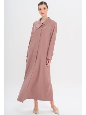 Gül Kurusu Mendil Yaka Desen Ve Taş Detaylı Astarsız Büyük Beden Pardesü