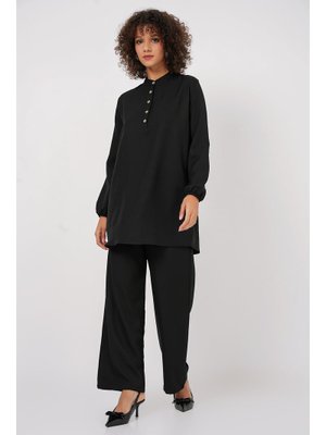 Siyah Keten Tunik Pantolon İkili Takım Siyah Keten Tunik Pantolon İkili Takım