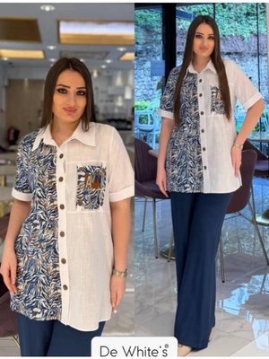 Ekru Büyük Beden Keten Önü Garnili Gömlek