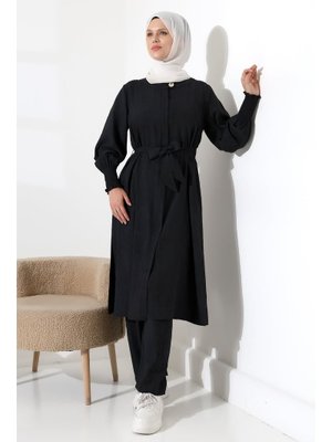 Siyah Gizli Fermuarlı Yandan Yırtmaçlı Gipeli Hac Umre Kıyafeti İkili Takım Siyah Gizli Fermuarlı Yandan Yırtmaçlı Gipeli Hac Umre Kıyafeti İkili Takım
