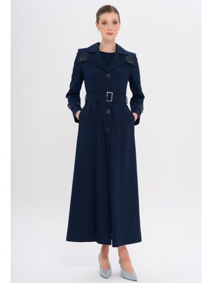 Lacivert Pelerin Ve Kol Ağzı Taş Detaylı Astarlı Pardesü