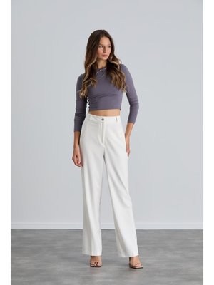 Ekru Yüksek Bel Cepsiz Palazzo Pantolon