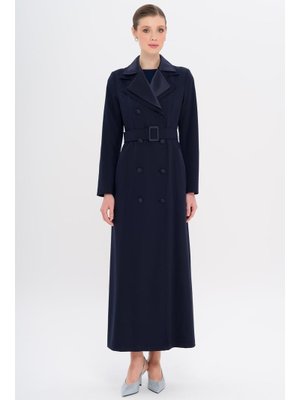 Lacivert Saten Garnili Çift Yaka Astarlı Pardesü