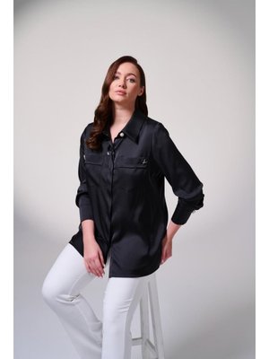 Siyah Büyük Beden Çift Cepli Pamuk Saten Aksesuar Detaylı Gömlek