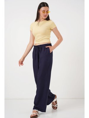 Lacivert Geniş Paça Keten Pantolon Lacivert Geniş Paça Keten Pantolon