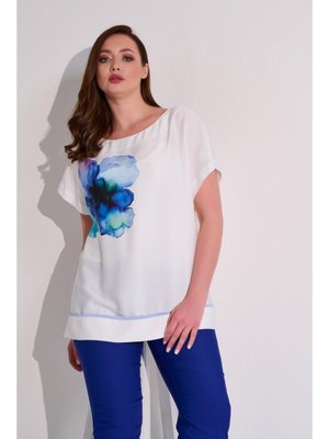 Mavi Büyük Beden Empirme Baskılı Kısa Kollu Bluz