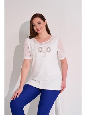Beyaz Büyük Beden Önü İşlemeli Kısa Kol Bluz