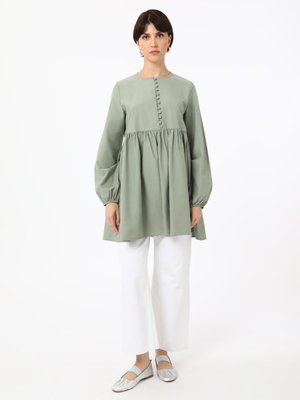 Beli Büzgülü Düğme Detaylı Tunik Açık Mint