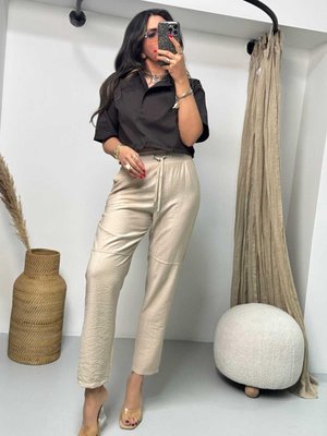 Bej Buruşuk Viskon Havuç Pantolon