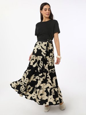 Baskılı Viskoz Etek Siyah Bej Desenli