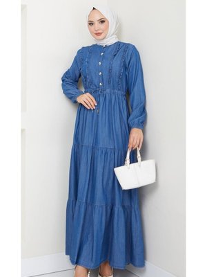 Düğme Detaylı Fırfırlı Kot Elbise