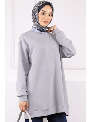 Gri Bisiklet Yaka Taşlı Modal Tunik Gri Bisiklet Yaka Taşlı Modal Tunik