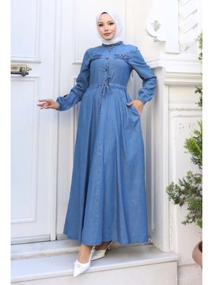 Lacivert Cepleri Taş Detaylı Kot Elbise