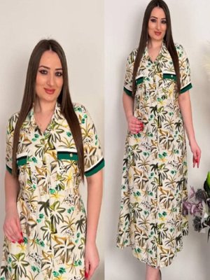 Yeşil Büyük Beden Çift Cepli Empirme Baskılı Elbise