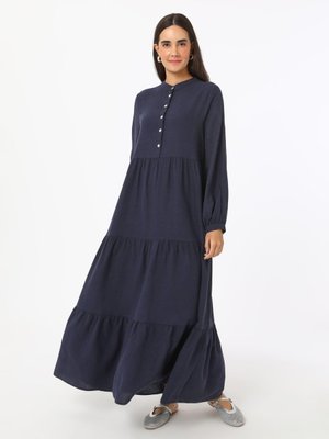 Lacivert Keten Karışımlı Düğme Detaylı Elbise