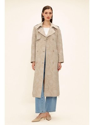 Yanları Fermuarlı Pelerini Taş Detaylı Astarlı Simli Jakar Trençkot