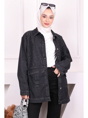 Siyah Taş İşlemeli Kot Ceket