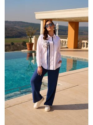 Beyaz Büyük Beden Göğsü Nakış Ve El İşli Gömlek