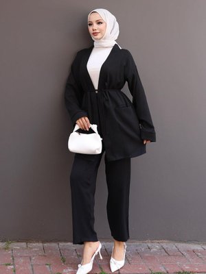 Siyah Cep Detaylı Kimono Modern Ve Şık İkili Takım