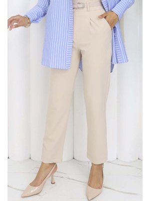 Taş Rengi Kemerli Kumaş Pantolon