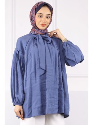 İndigo Yaka Detaylı Balon Kol Tunik
