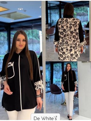 Siyah Büyük Beden Arkası Empirme Baskılı Ve Kollar Da Bağcık Detaylı Gömlek