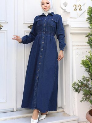 Koyu Mavi Beli Lastikli Kot Ferace Elbise Koyu Mavi Beli Lastikli Kot Ferace Elbise