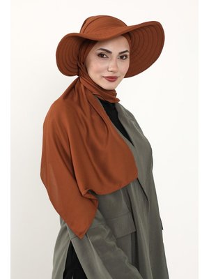 Kiremit Çıkarılabilir Arkası Fiyonklu Şapkalı Pratik Krep Şal Türban,ss