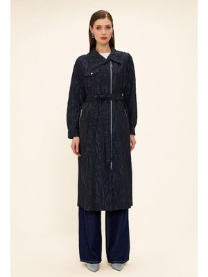 Lacivert Mendil Yaka Fermuar Kapamalı Simli Jakar Desenli Astarsız Kap Lacivert Mendil Yaka Fermuar Kapamalı Simli Jakar Desenli Astarsız Kap