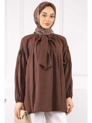 Kahverengi Yaka Detaylı Balon Kol Tunik