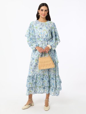 Çiçek Desenli Fırfır Detaylı Şifon Elbise Mavi