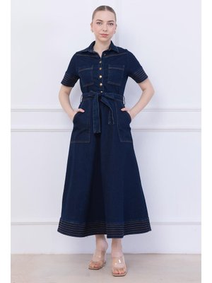 Süs Dikiş Detaylı Kot Elbise