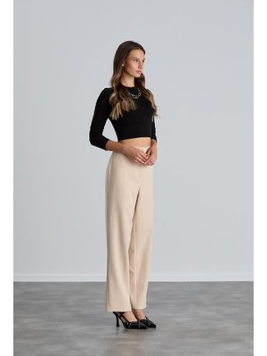Bej Yüksek Bel Cepsiz Palazzo Pantolon