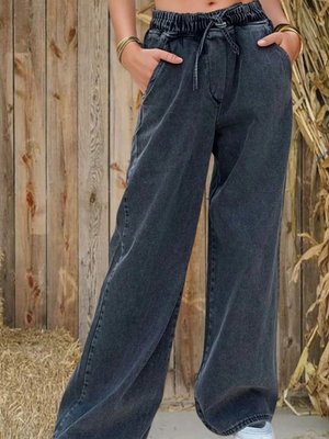 Antrasit Bol Paça Kot Pantolon Beli Lastikli Bağcıklı Antrasit Bol Paça Kot Pantolon Beli Lastikli Bağcıklı