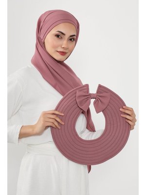 Gül Kurusu Çıkarılabilir Arkası Fiyonklu Şapkalı Pratik Krep Şal Türban,ss